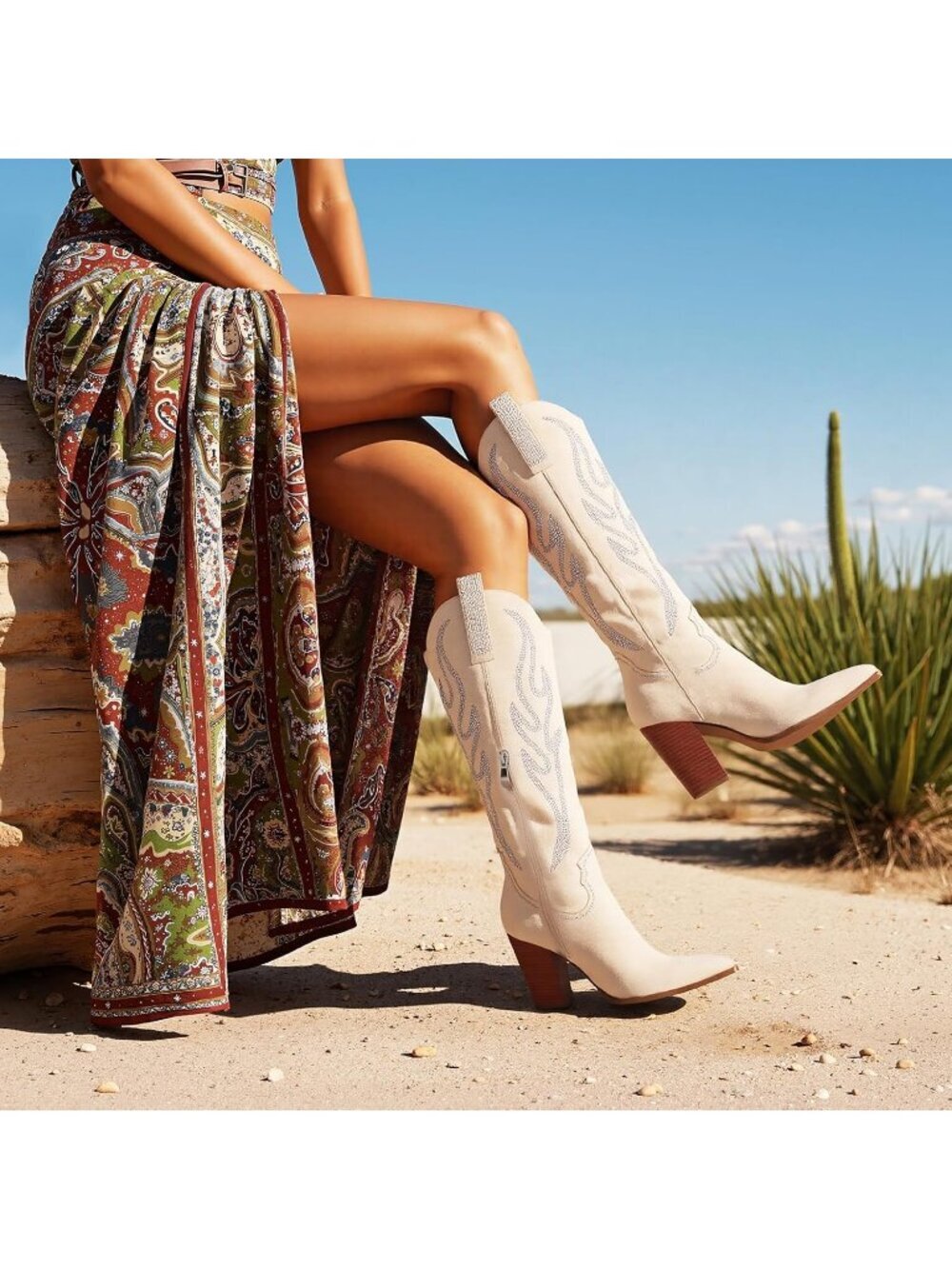 Women's Beige Rubber Pointed Toe Rhinestones Embroidered Western Knee High Boot - Picture 2 of 6